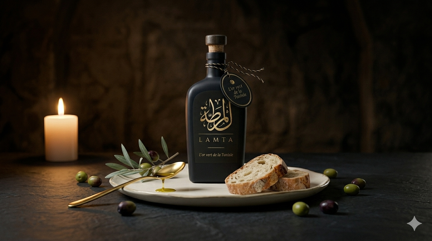 Bouteille LAMTA huile d'olive extra vierge Chetoui avec pain artisanal et cuillère dorée - dégustation huile olive Tunisie