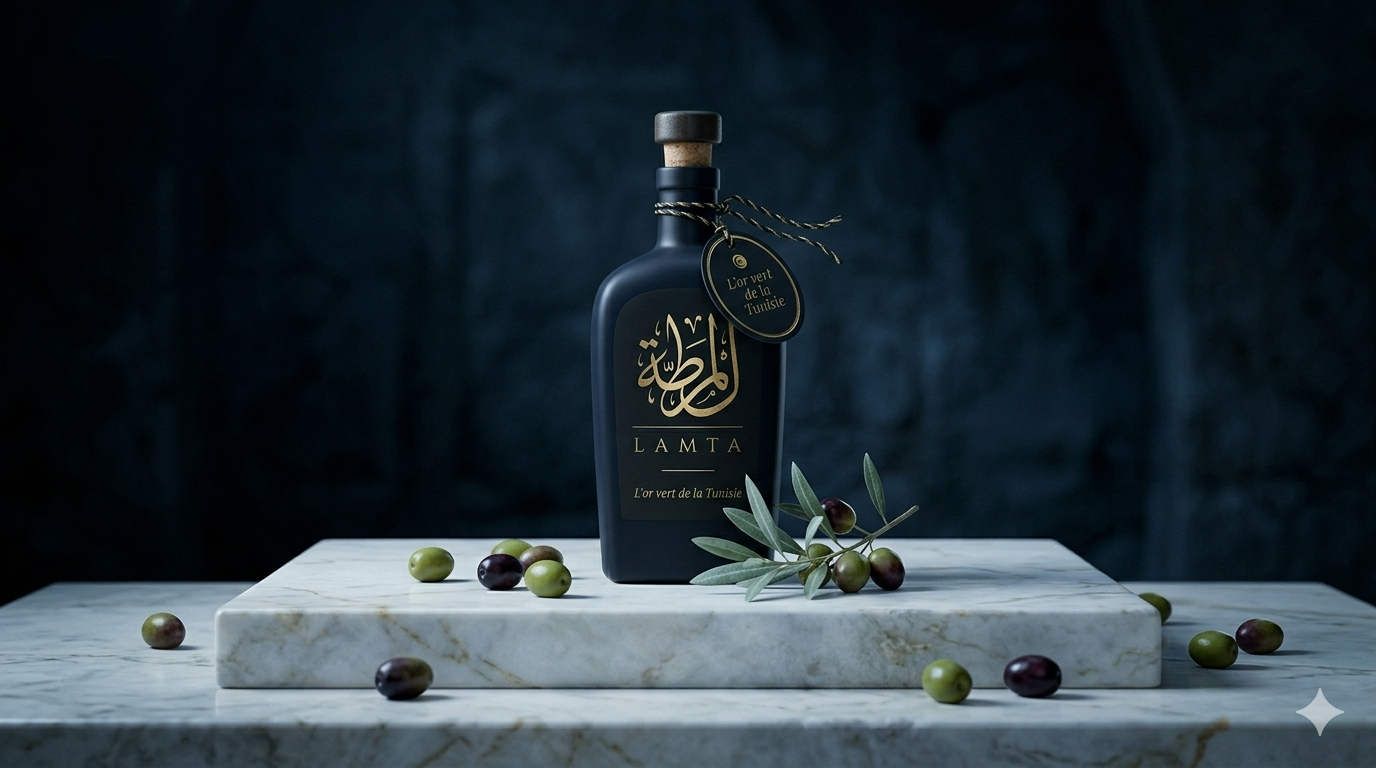 Bouteille LAMTA huile d'olive extra vierge Chetoui sur marbre blanc avec olives vertes - L'or vert de la Tunisie
