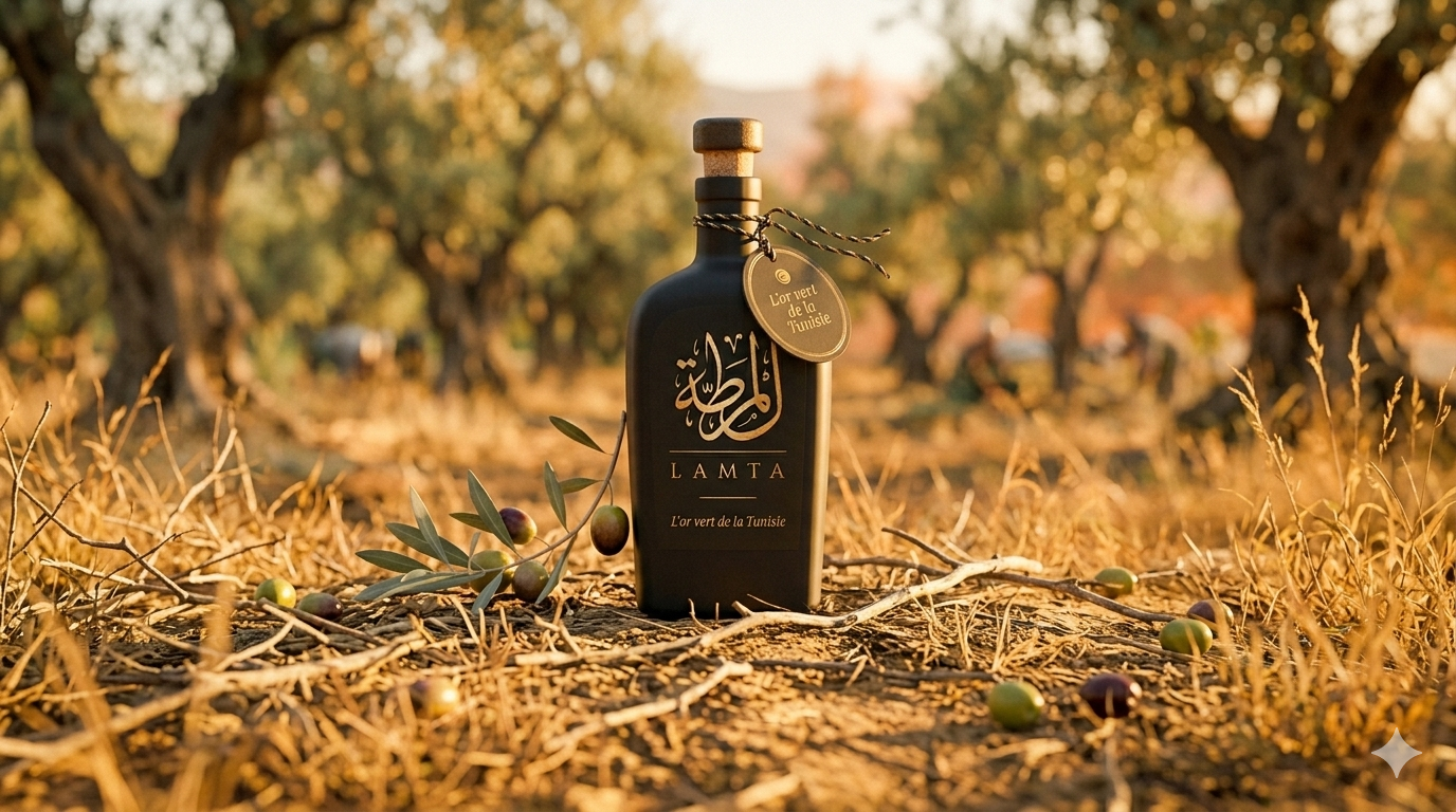 Bouteille LAMTA huile d'olive extra vierge Chetoui posée dans oliveraie tunisienne au coucher du soleil - terroir Lamta Monastir