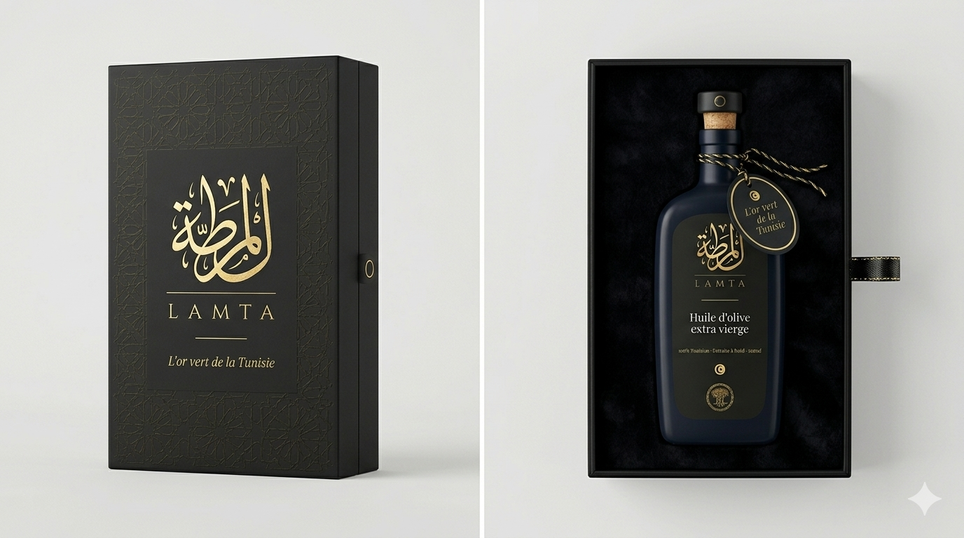 Coffret cadeau premium LAMTA huile d'olive extra vierge Chetoui - boîte luxe calligraphie arabe L'or vert de la Tunisie