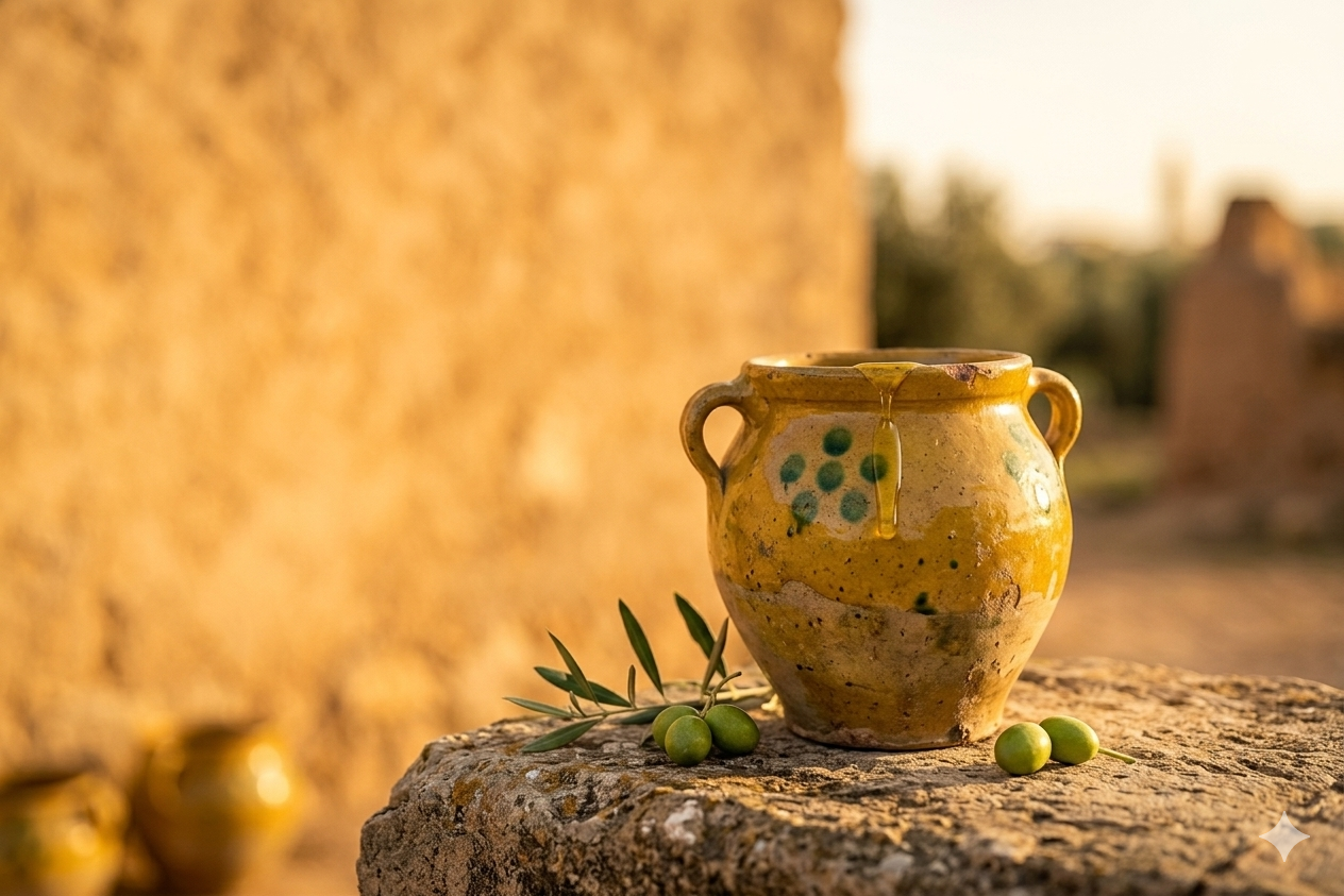 Garra tunisienne traditionnelle en céramique avec huile d'olive et branche d'olivier - artisanat authentique Tunisie LAMTA